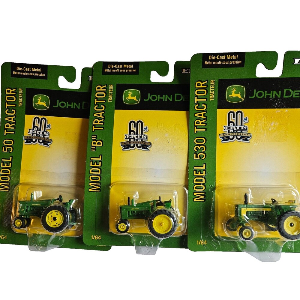3 ERTL  John Deere 1/64 Scale Diecast Metal Tractors Model 50 Model B Model 530